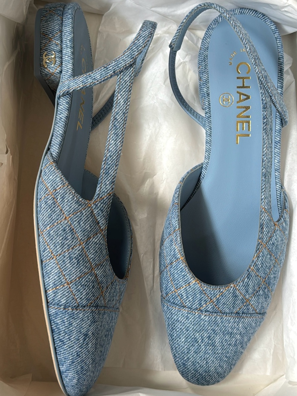 CHANEL Light Blue Denim Slingback Flats